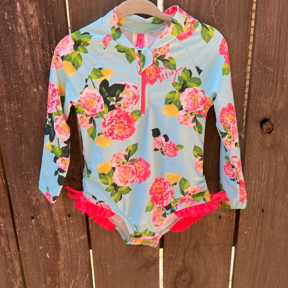 Betsey Johnson Floral Long Sleeve Swimsuit for Kids - Blue and Pink